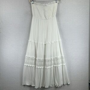Simplee Tiered Maxi Dress Size S White 100% Cotton Elastic Smocked Top Lace Trim